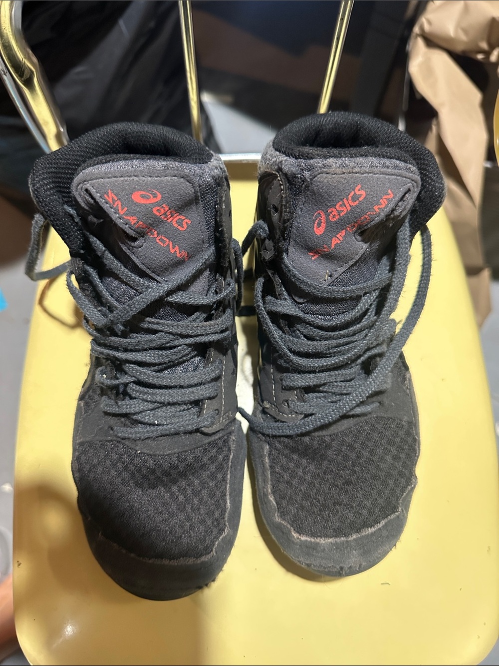 ASICS Kids Wrestling Black High-Top Sneakers with Red Logo Accents